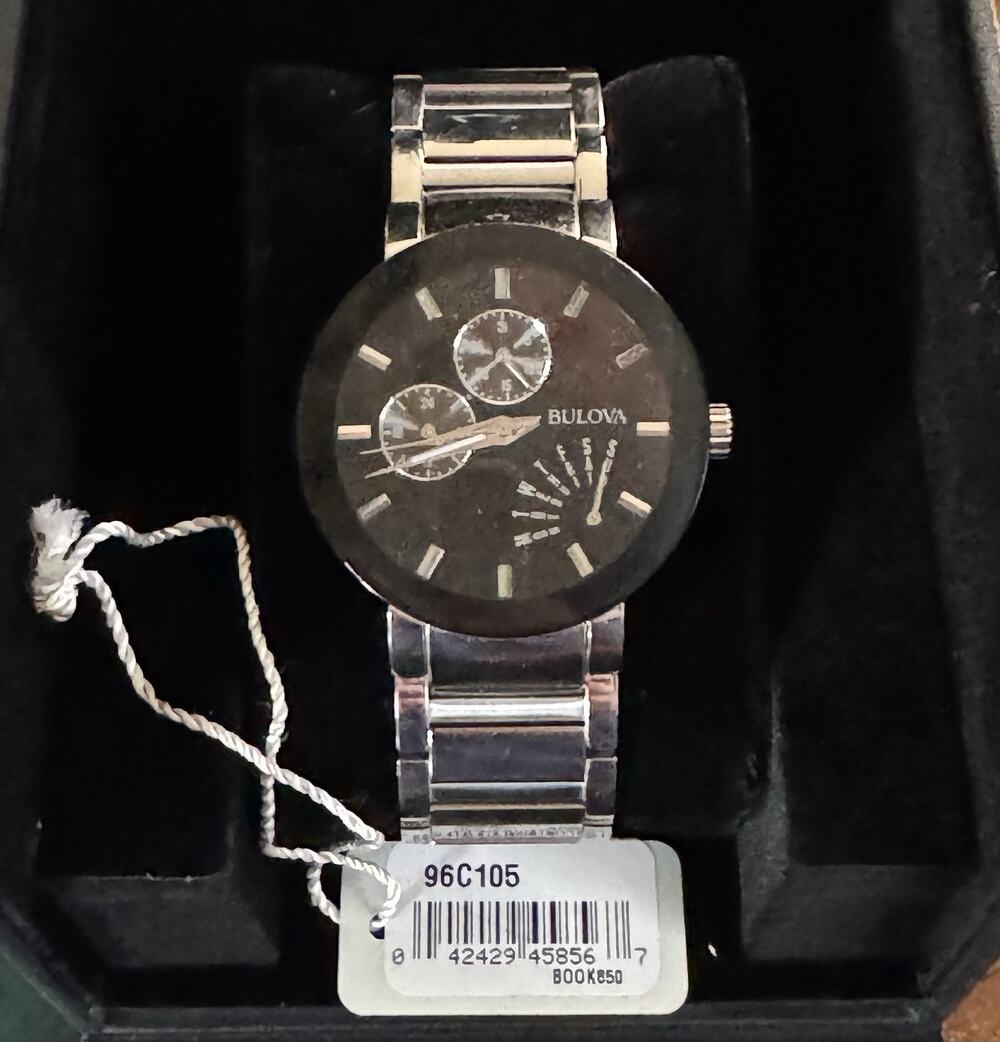Mens Bulova Futuro Wrist Watch Stainless Steel Silver 40 MM Black Dial 96C105